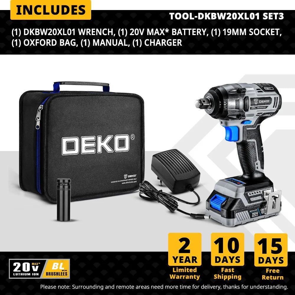 Deko-llave de impacto eléctrica sin escobillas, 20V MAX