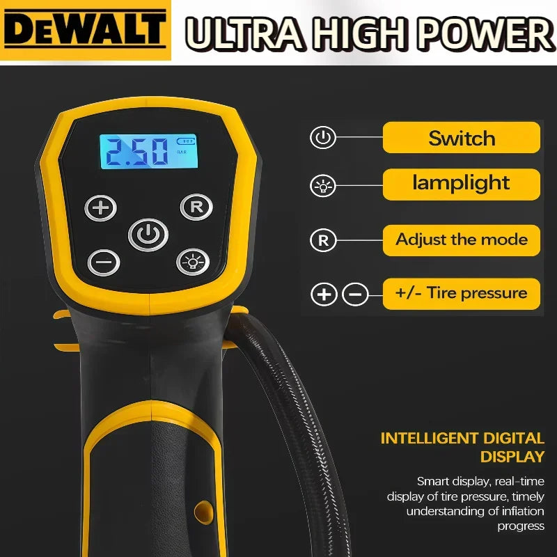 Compresor de Aire Eléctrico Inalámbrico Dewalt con Manómetro Digital para Inflar Neumáticos de Auto, Recargable y Portátil