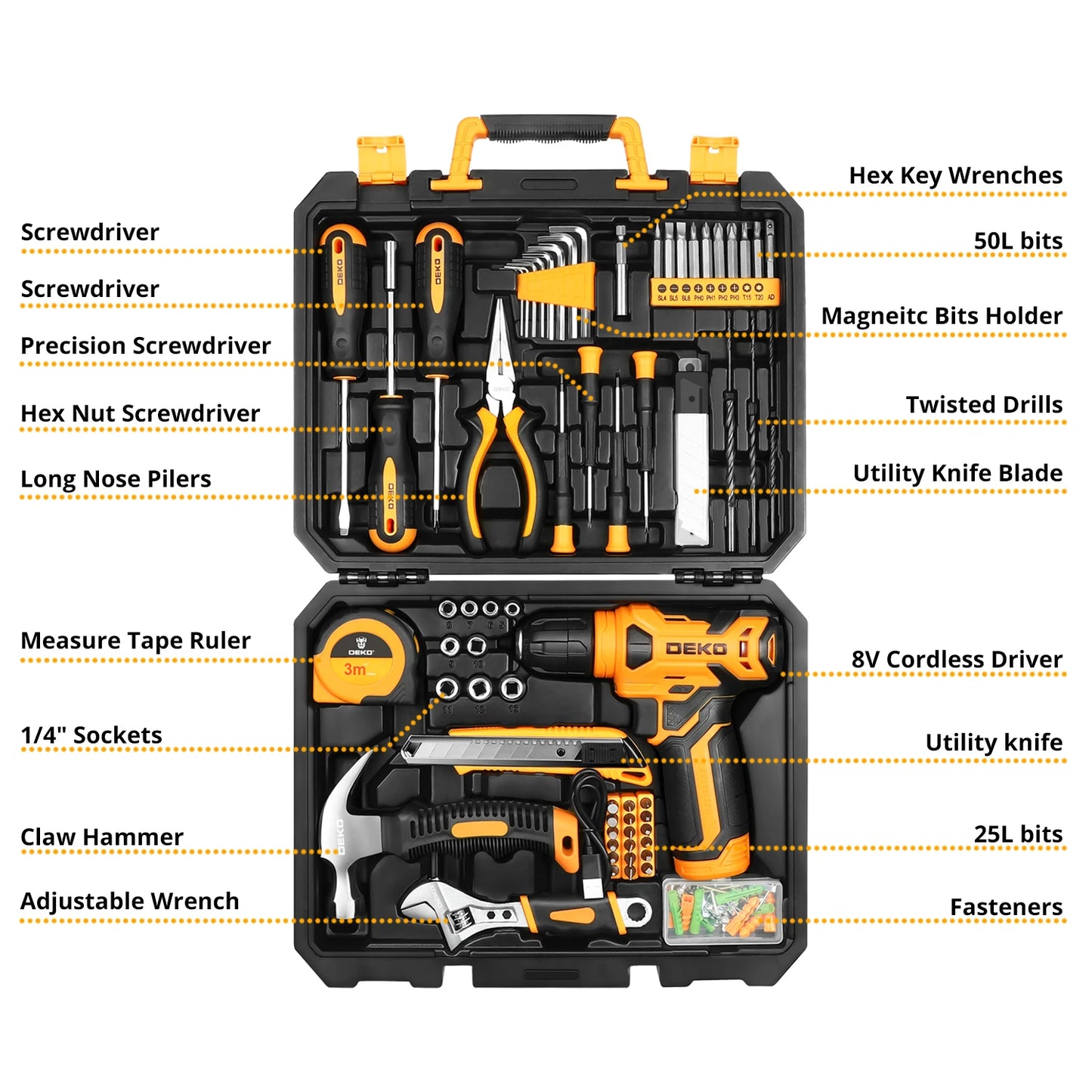 Juego Completo DEKO de 126 Piezas – Taladro Inalámbrico 8V, Cambio Rápido de Accesorios – Kit Completo para Reparaciones y Trabajos en Casa