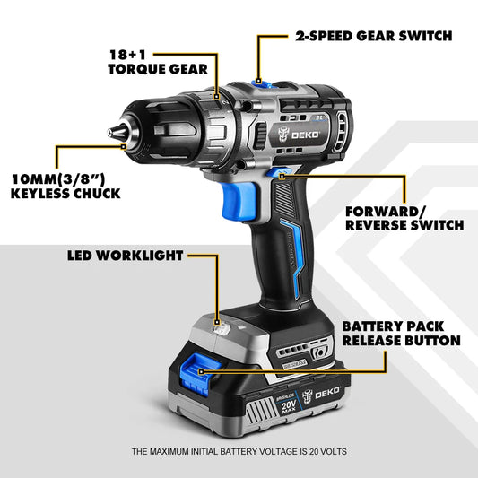 DEKO Taladro Inalámbrico 20V con Motor Sin Escobillas – 2 Velocidades, Herramienta Eléctrica para Carpintería y Uso Doméstico