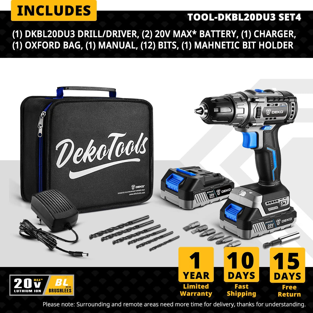 DEKO Taladro Inalámbrico 20V con Motor Sin Escobillas – 2 Velocidades, Herramienta Eléctrica para Carpintería y Uso Doméstico