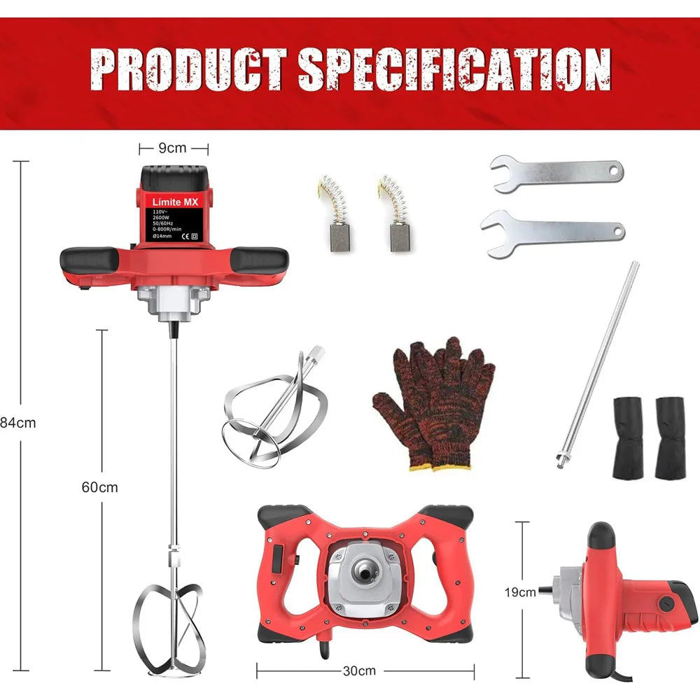 Mezclador de Materiales 2600W 110V – Motor de Alta Potencia, Ajuste de Velocidad, Manejo Fácil para Construcción y Reparaciones