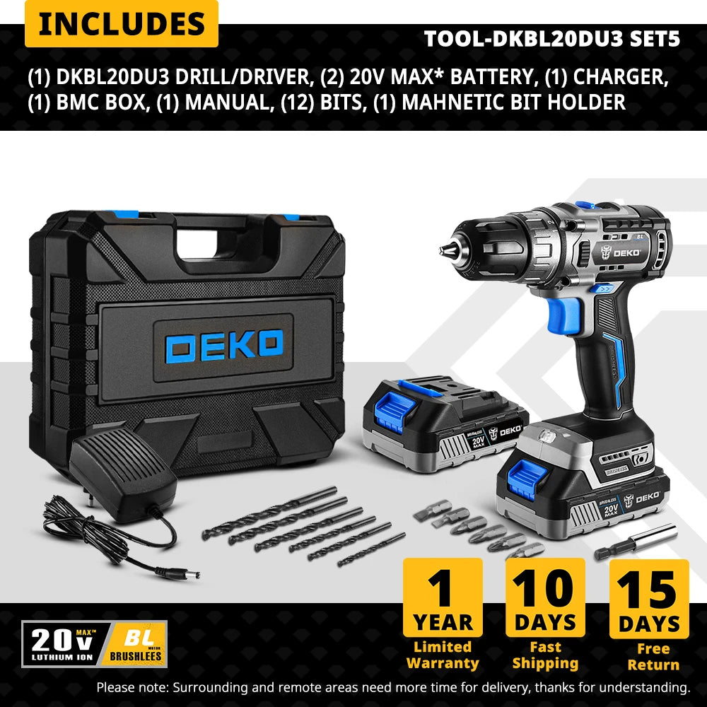 DEKO Taladro Inalámbrico 20V con Motor Sin Escobillas – 2 Velocidades, Herramienta Eléctrica para Carpintería y Uso Doméstico