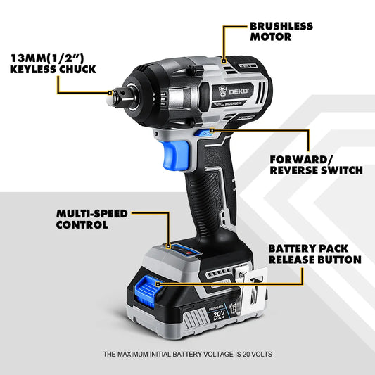 Deko-llave de impacto eléctrica sin escobillas, 20V MAX