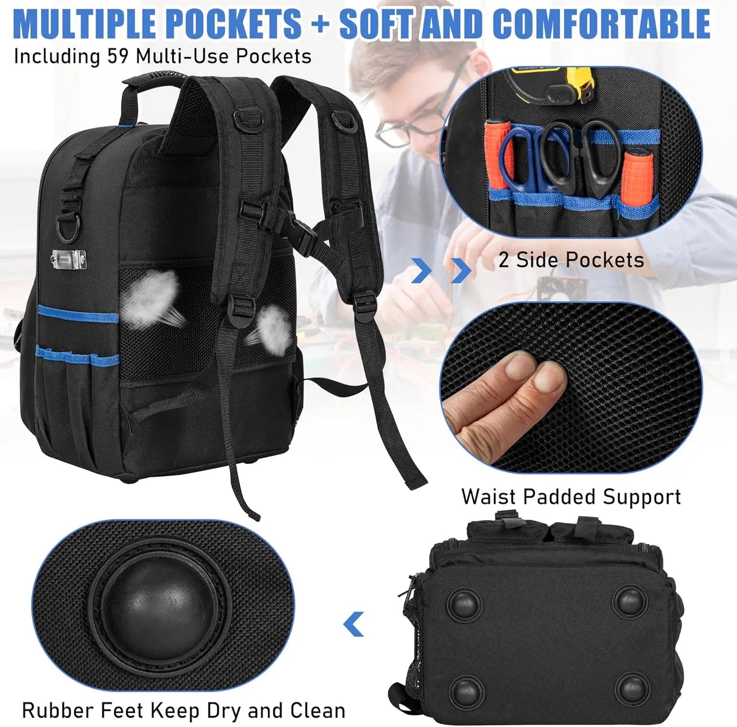Mochila para herramientas, bolsa para herramientas resistente con hombro acolchado