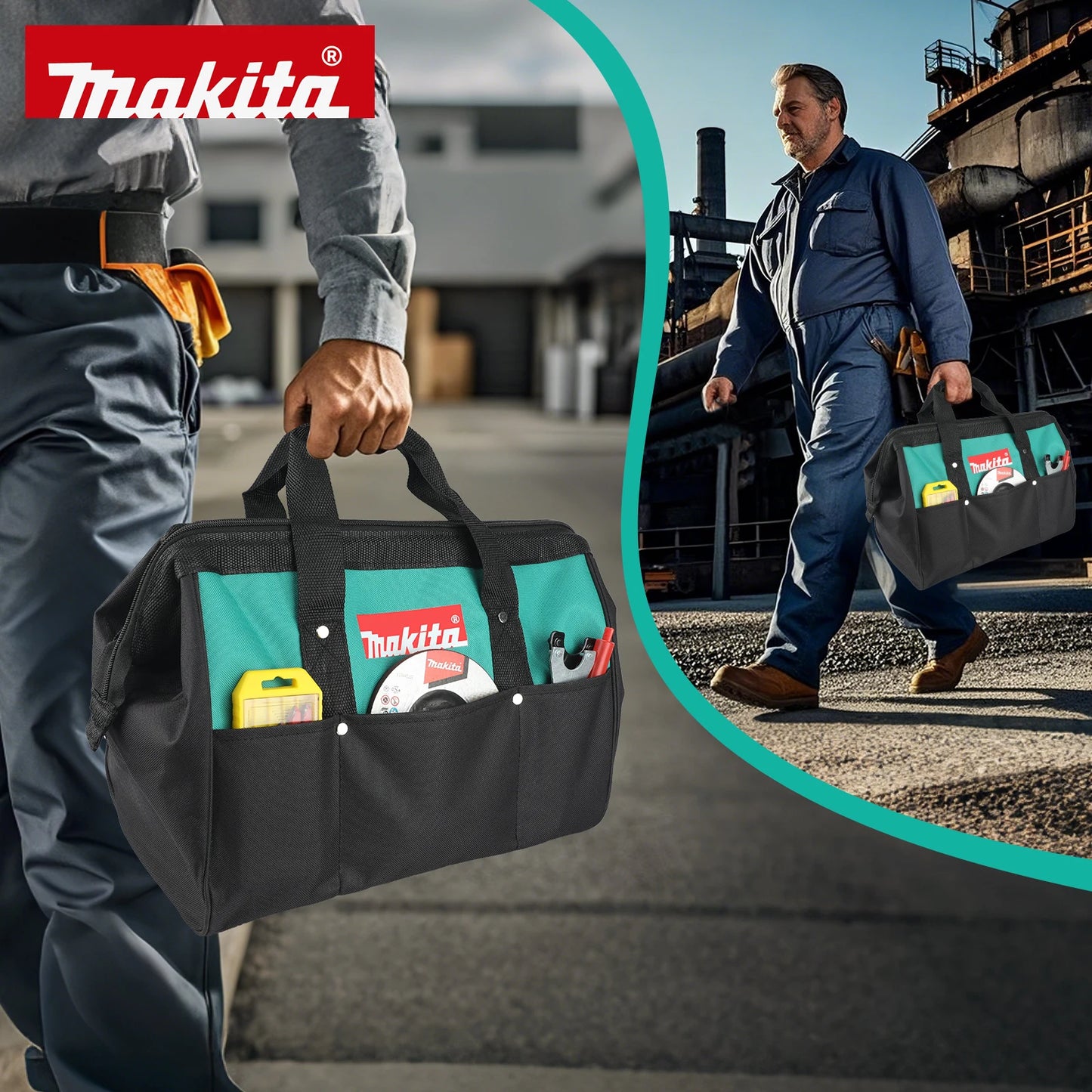 Makita-bolsa de herramientas de mano de 14,57 pulgadas, tela Oxford de doble capa, alambre de acero alrededor de la boca