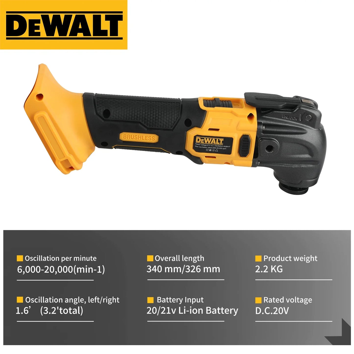 DEWALT DCS356 Herramienta Oscilante Inalámbrica | Sin Escobillas | Multiusos para Cortar, Lijar y Dar Acabados