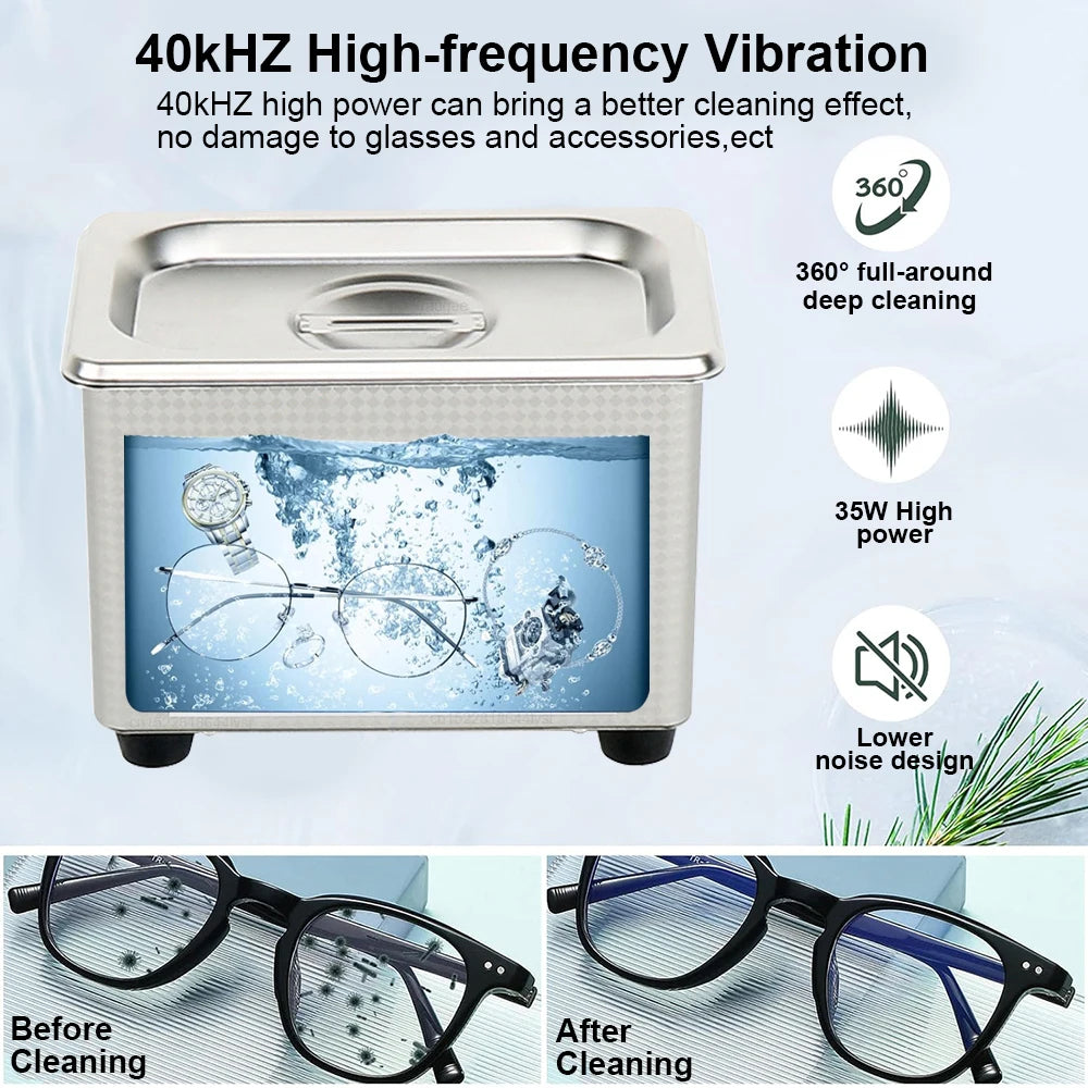 Máquina de Limpieza Ultrasónica 40 KHz – Alta Frecuencia, Ideal para Restaurar y Desinfectar Lentes, Joyas y Objetos Delicados