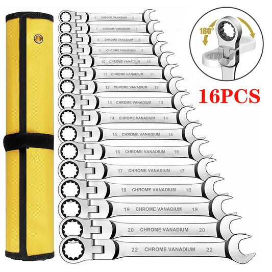 Juego de Llaves con Trinquete 6-23 mm | Cabeza Giratoria Flexible | Acero Resistente | Incluye Bolsa