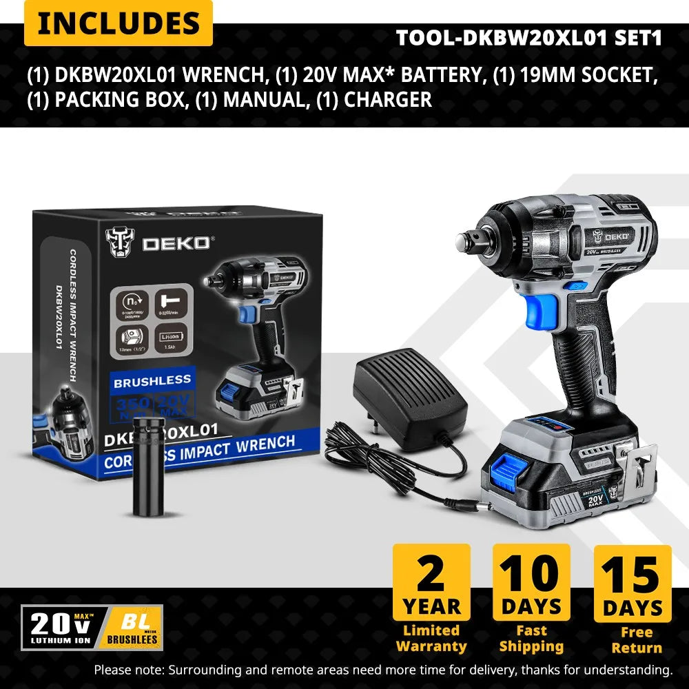 Deko-llave de impacto eléctrica sin escobillas, 20V MAX