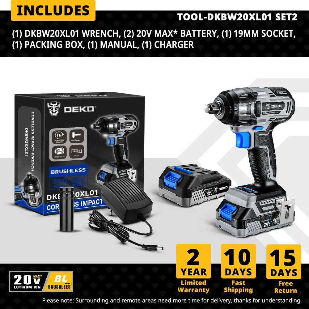 Deko-llave de impacto eléctrica sin escobillas, 20V MAX