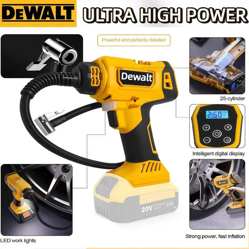 Compresor de Aire Eléctrico Inalámbrico Dewalt con Manómetro Digital para Inflar Neumáticos de Auto, Recargable y Portátil