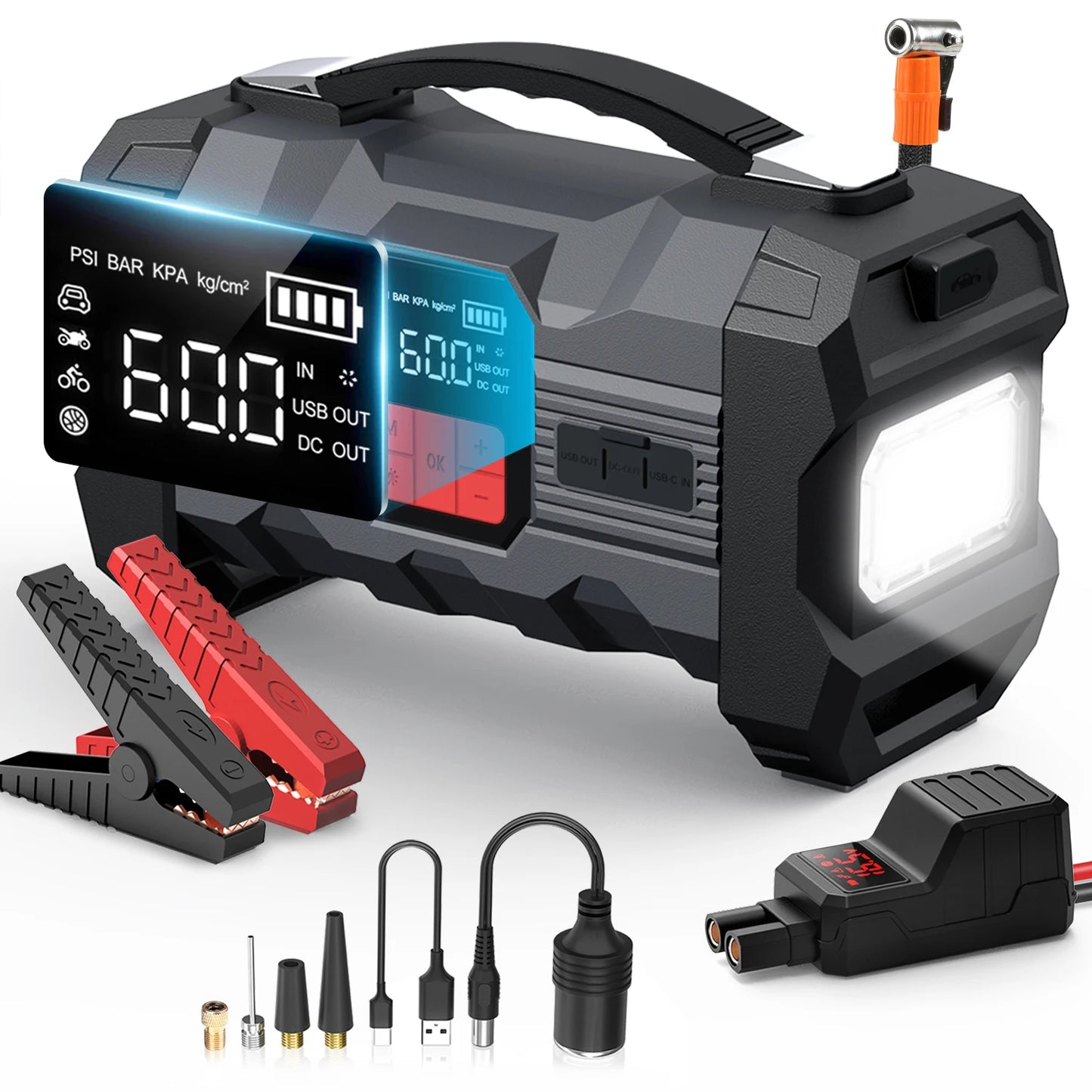Arrancador de Coches con Compresor de Aire y Pantalla LCD, Cargador Portátil, Potente Dispositivo de Arranque de Batería de Coche, Arrancador de Batería con Compresor de Aire