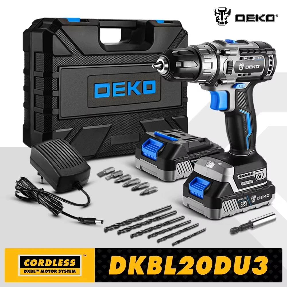 DEKO Taladro Inalámbrico 20V con Motor Sin Escobillas – 2 Velocidades, Herramienta Eléctrica para Carpintería y Uso Doméstico