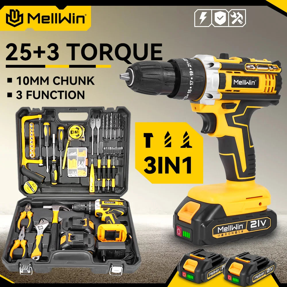 MELLWIN-taladro de impacto eléctrico de 25 + 3 torques, destornillador eléctrico inalámbrico ajustable de 2 velocidades