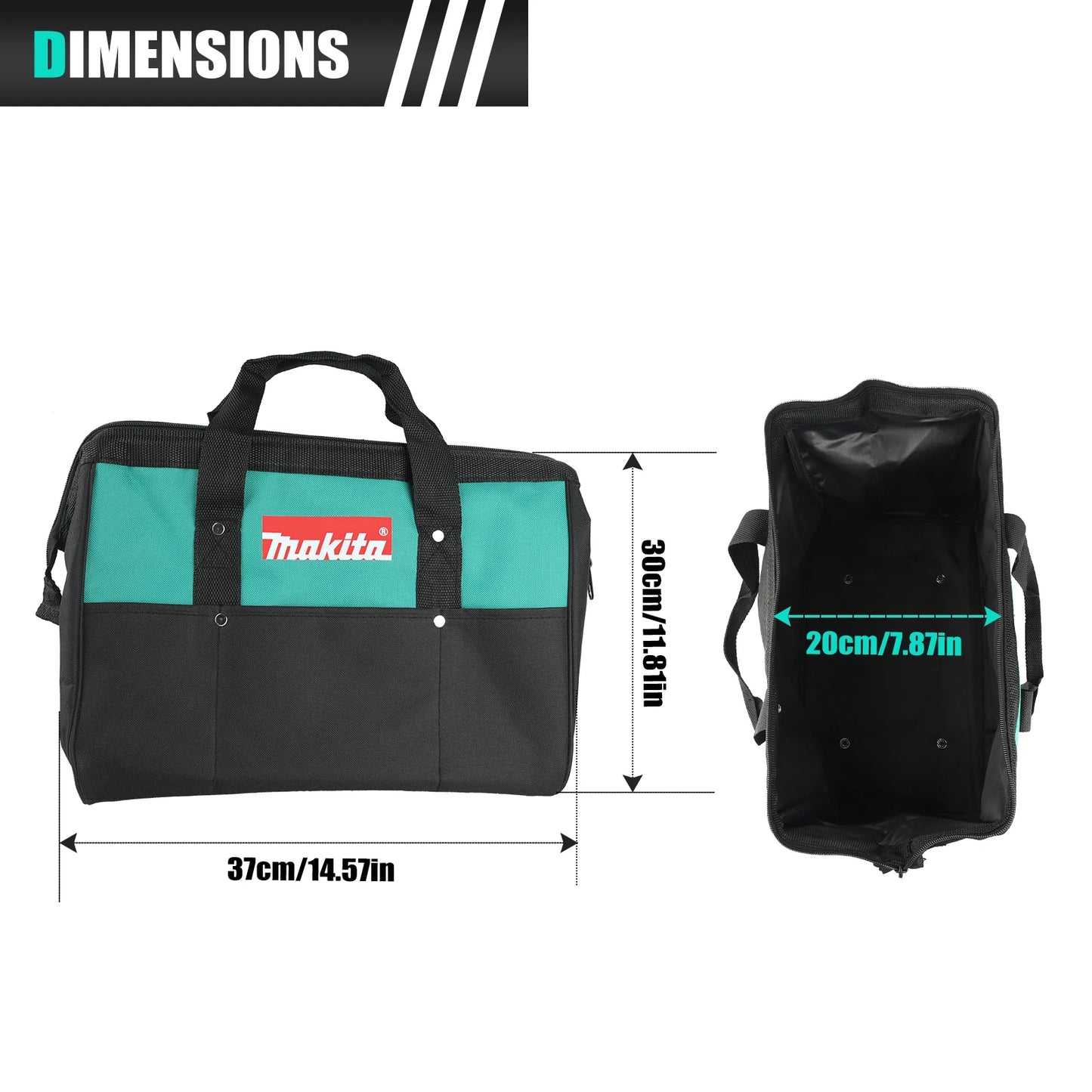 Makita-bolsa de herramientas de mano de 14,57 pulgadas, tela Oxford de doble capa, alambre de acero alrededor de la boca