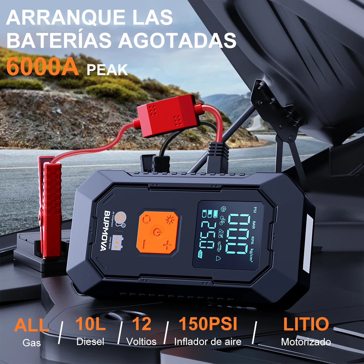 Arrancador de Baterías Portátil de 8000mAh/6000mAh, con Compresor de Aire de 150PSI