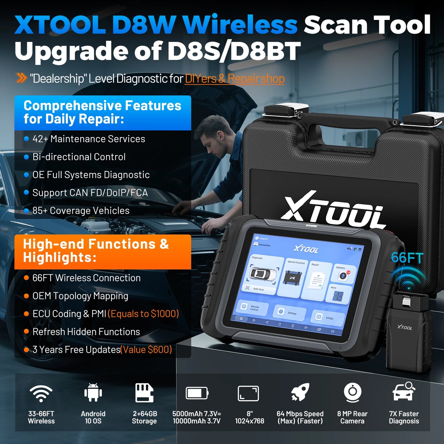 XTOOL D8W: herramienta de diagnóstico para coches con Bluetooth, codificación de la ECU, escáner automovilístico, bidireccional