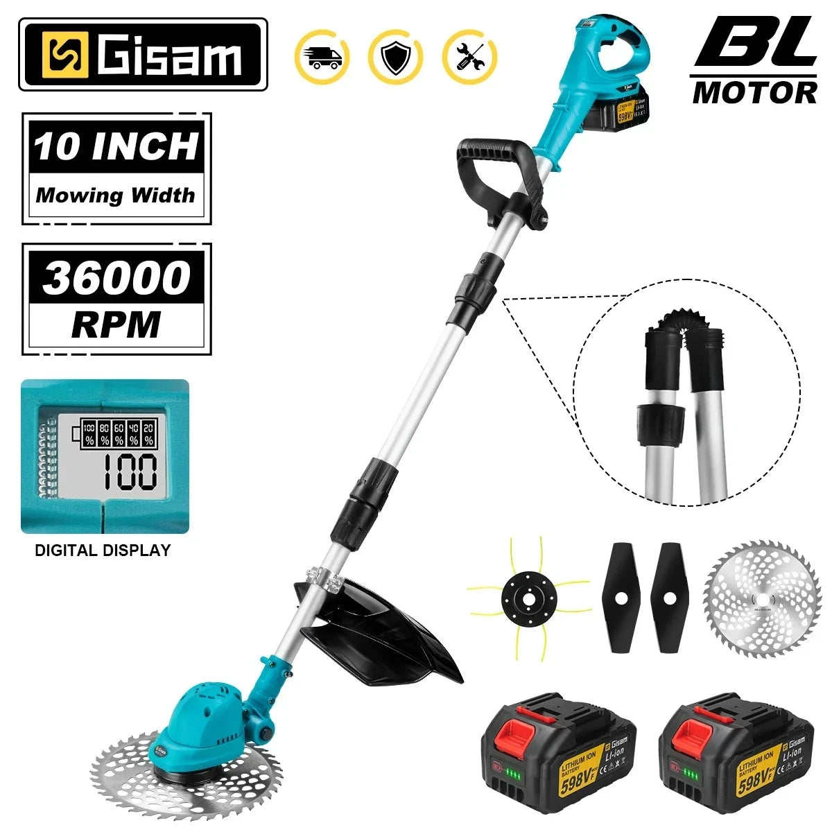 Gisam Cortadora de Césped Eléctrica sin Escobillas de 10 Pulgadas | Recortadora de Pasto 36000 RPM con Longitud Ajustable | Herramienta de Jardín Compatible con Batería Makita 18V