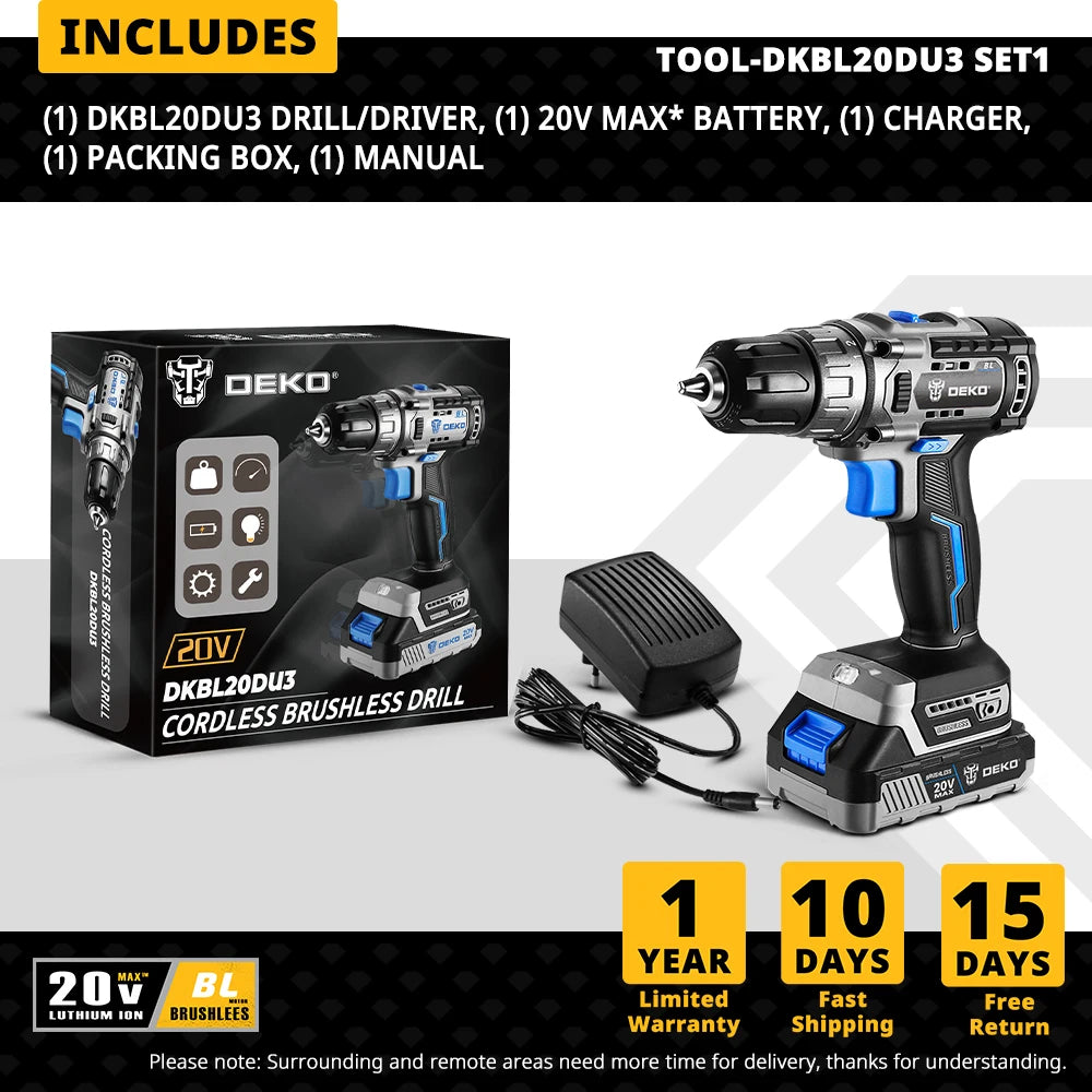 DEKO Taladro Inalámbrico 20V con Motor Sin Escobillas – 2 Velocidades, Herramienta Eléctrica para Carpintería y Uso Doméstico