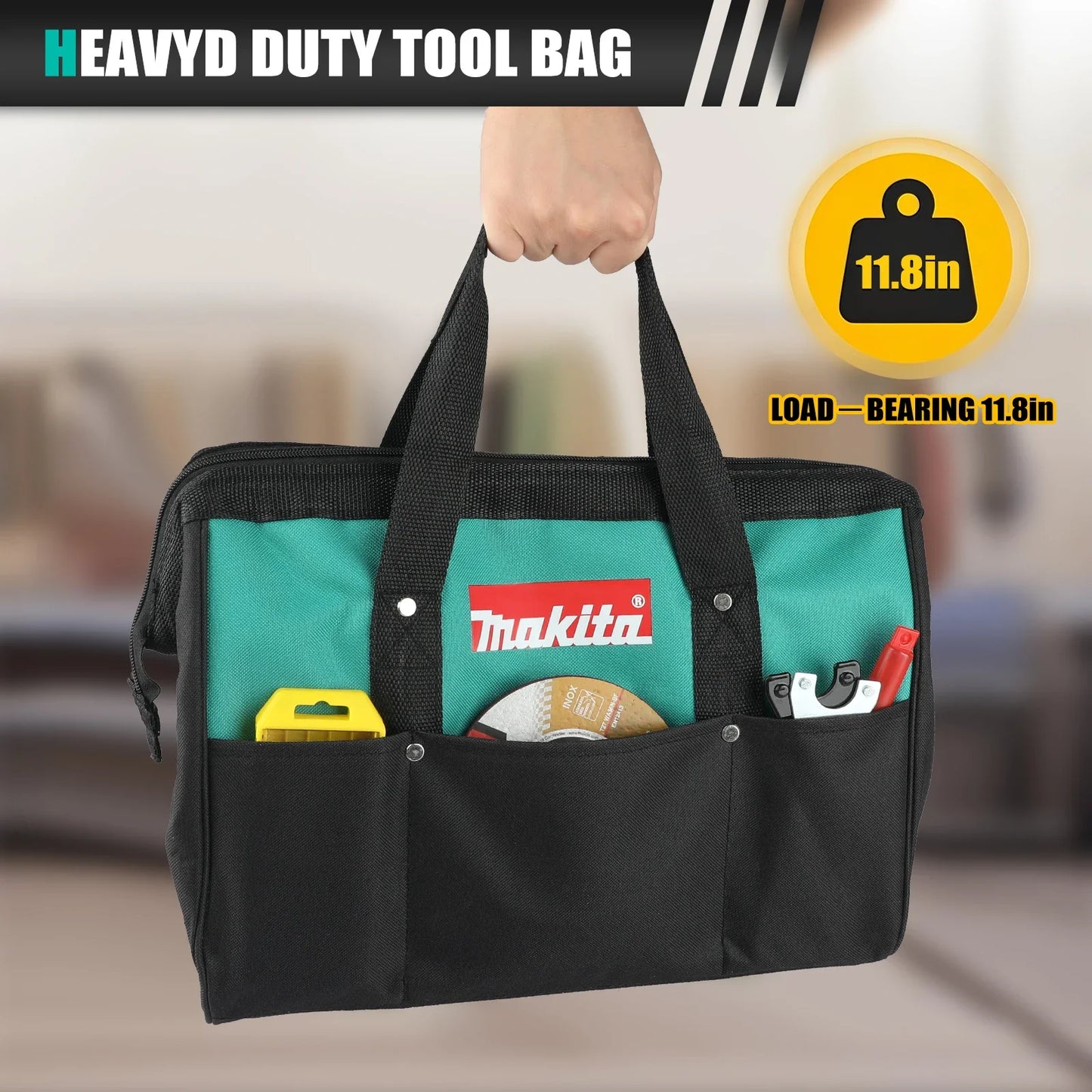 Makita-bolsa de herramientas de mano de 14,57 pulgadas, tela Oxford de doble capa, alambre de acero alrededor de la boca