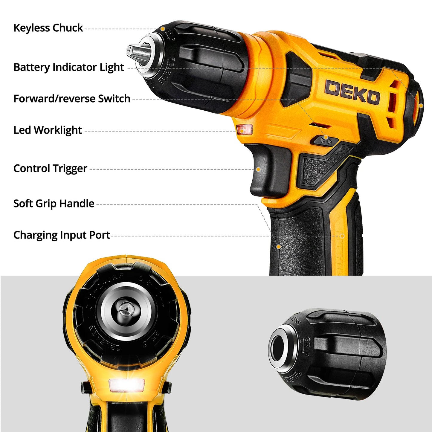 Juego Completo DEKO de 126 Piezas – Taladro Inalámbrico 8V, Cambio Rápido de Accesorios – Kit Completo para Reparaciones y Trabajos en Casa