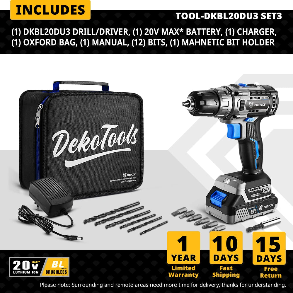 DEKO Taladro Inalámbrico 20V con Motor Sin Escobillas – 2 Velocidades, Herramienta Eléctrica para Carpintería y Uso Doméstico