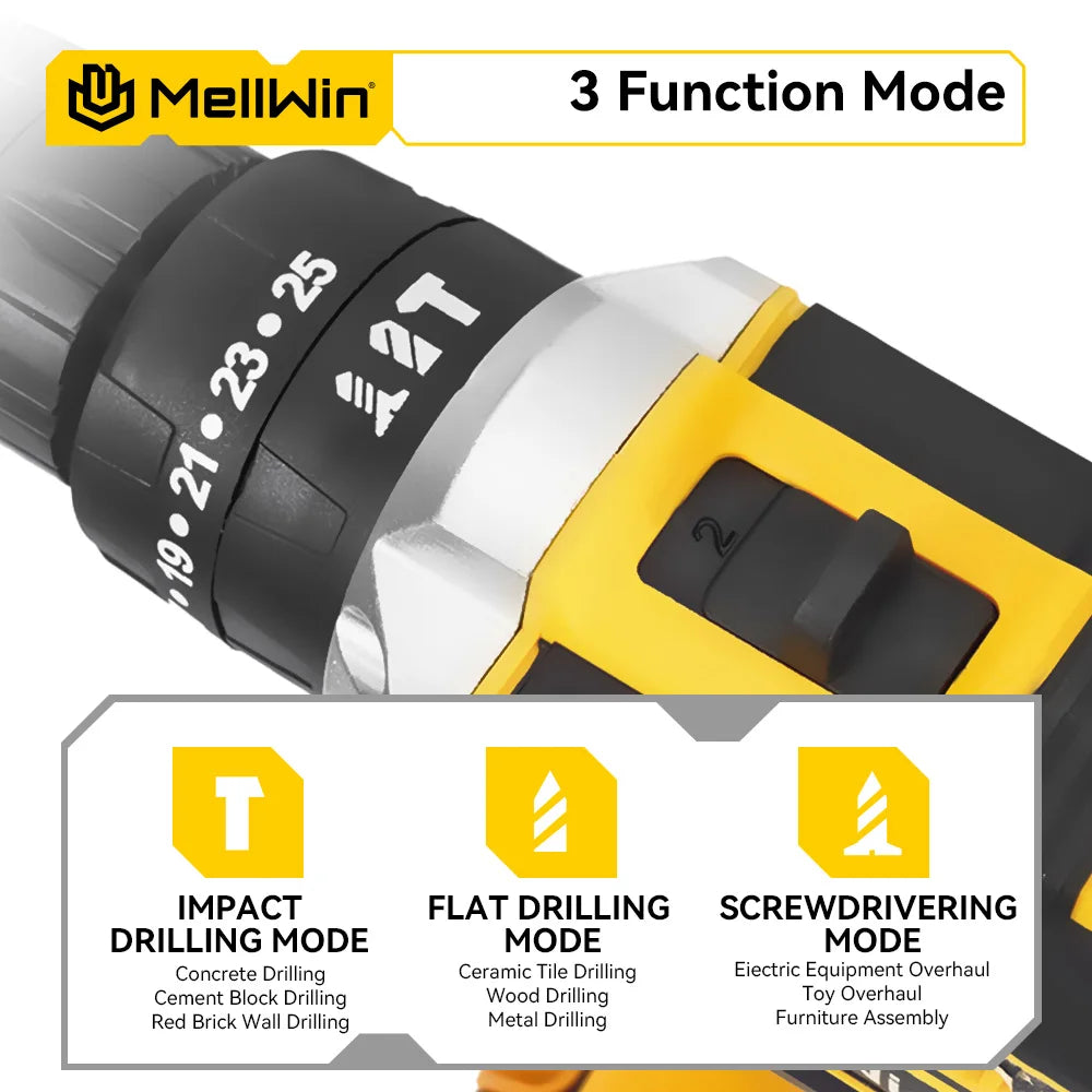MELLWIN-taladro de impacto eléctrico de 25 + 3 torques, destornillador eléctrico inalámbrico ajustable de 2 velocidades