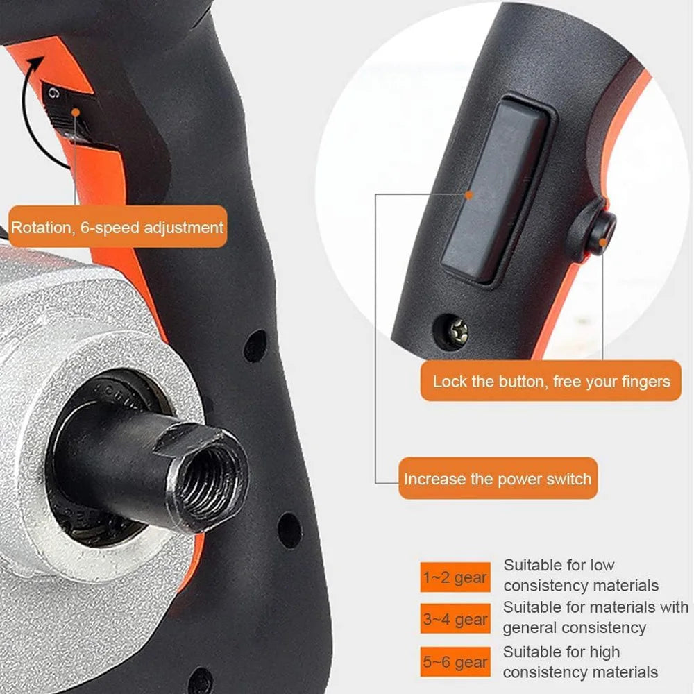 Mezclador de Materiales 2600W 110V – Motor de Alta Potencia, Ajuste de Velocidad, Manejo Fácil para Construcción y Reparaciones