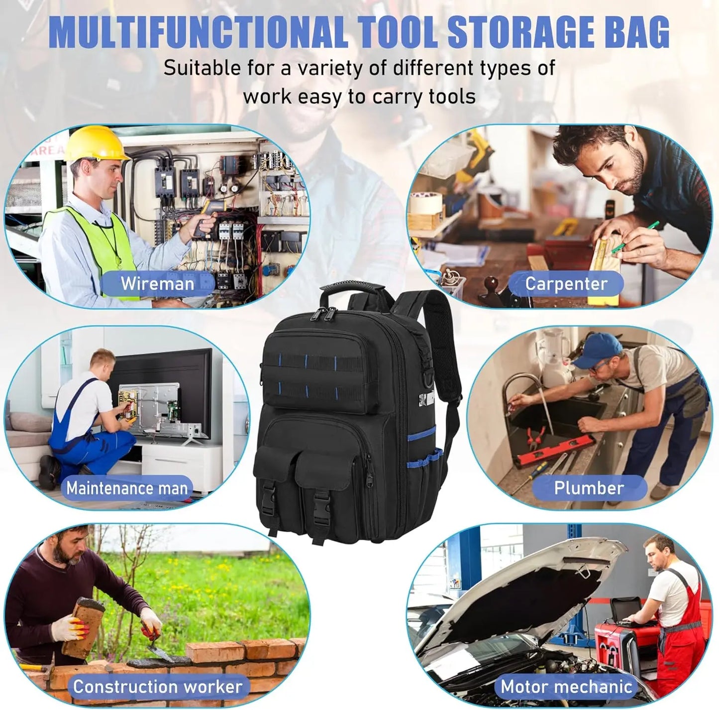 Mochila para herramientas, bolsa para herramientas resistente con hombro acolchado
