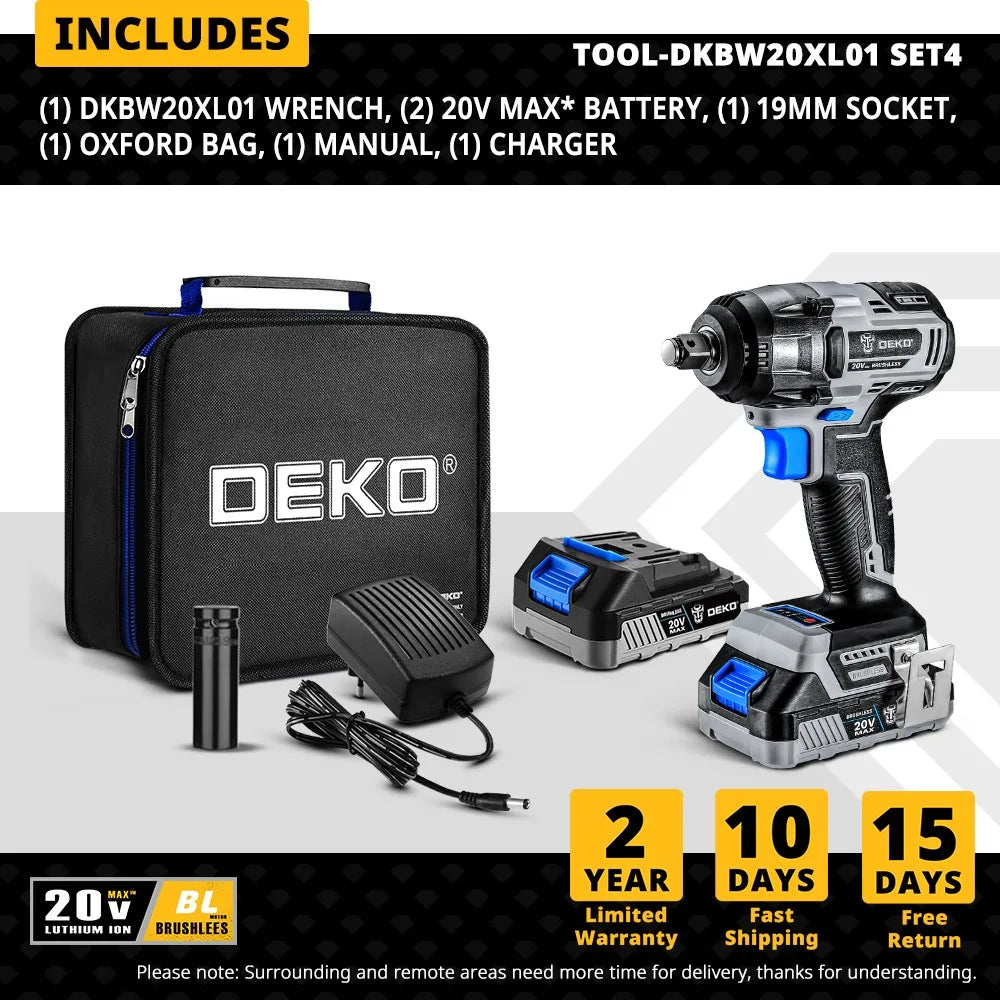 Deko-llave de impacto eléctrica sin escobillas, 20V MAX