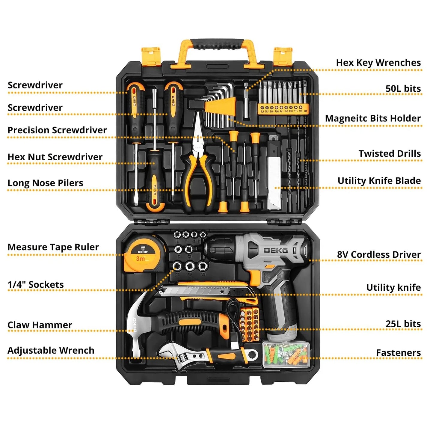 Juego Completo DEKO de 126 Piezas – Taladro Inalámbrico 8V, Cambio Rápido de Accesorios – Kit Completo para Reparaciones y Trabajos en Casa