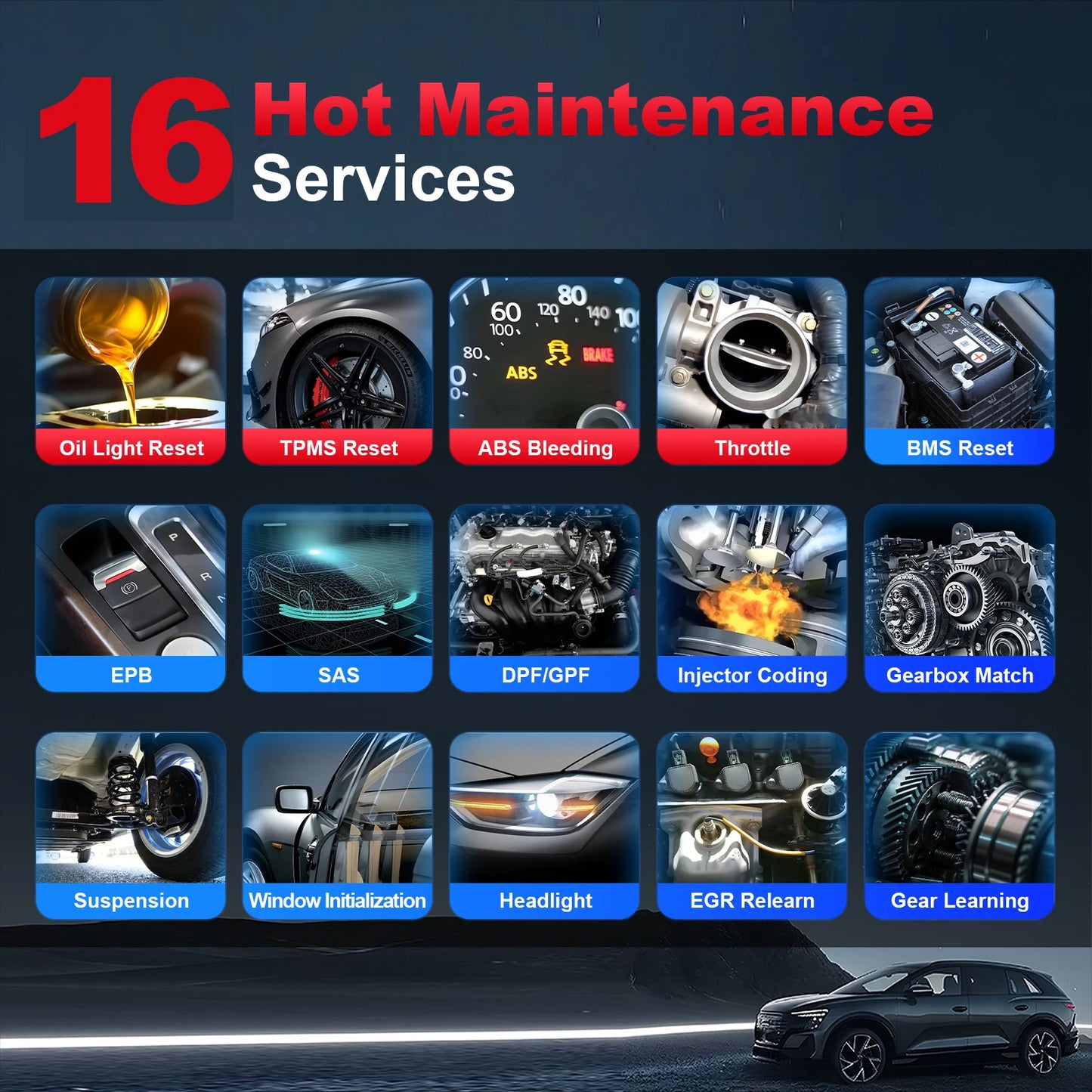 Herramienta de diagnóstico del automóvil Caja de cambios ABS EPB SRS Escáner del sistema del motor 15 Restablecimientos Servicio