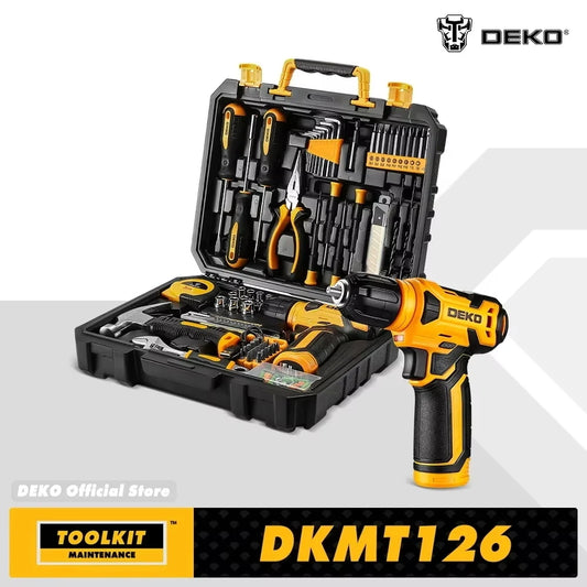 Juego Completo DEKO de 126 Piezas – Taladro Inalámbrico 8V, Cambio Rápido de Accesorios – Kit Completo para Reparaciones y Trabajos en Casa