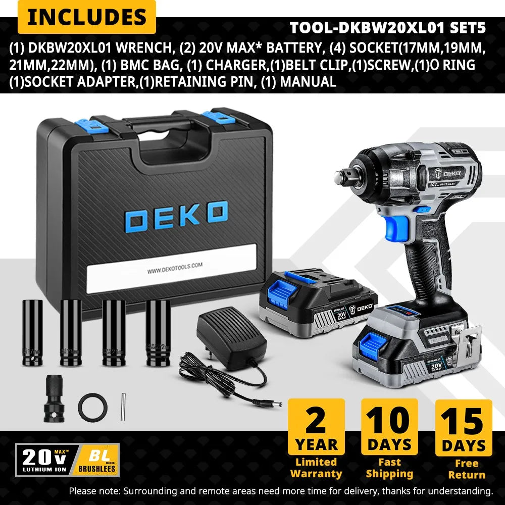 Deko-llave de impacto eléctrica sin escobillas, 20V MAX