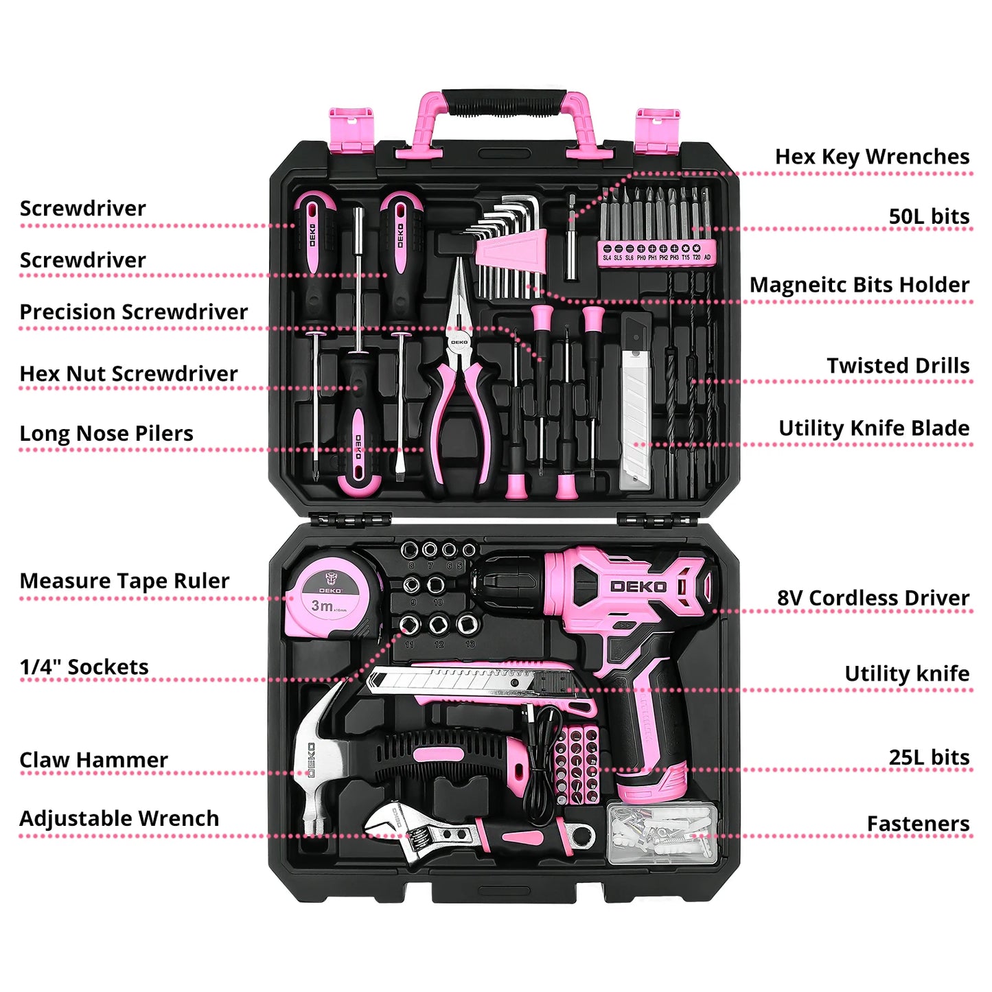 Juego Completo DEKO de 126 Piezas – Taladro Inalámbrico 8V, Cambio Rápido de Accesorios – Kit Completo para Reparaciones y Trabajos en Casa