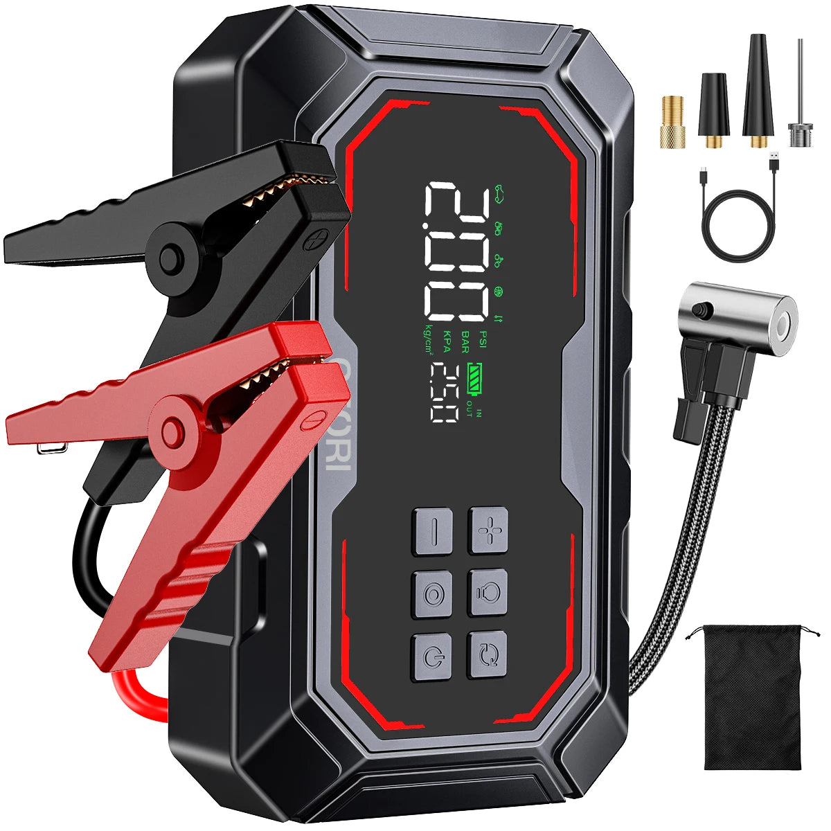 Arrancador de Coches con Compresor de Aire y Pantalla LCD, Cargador Portátil, Potente Dispositivo de Arranque de Batería de Coche, Arrancador de Batería con Compresor de Aire