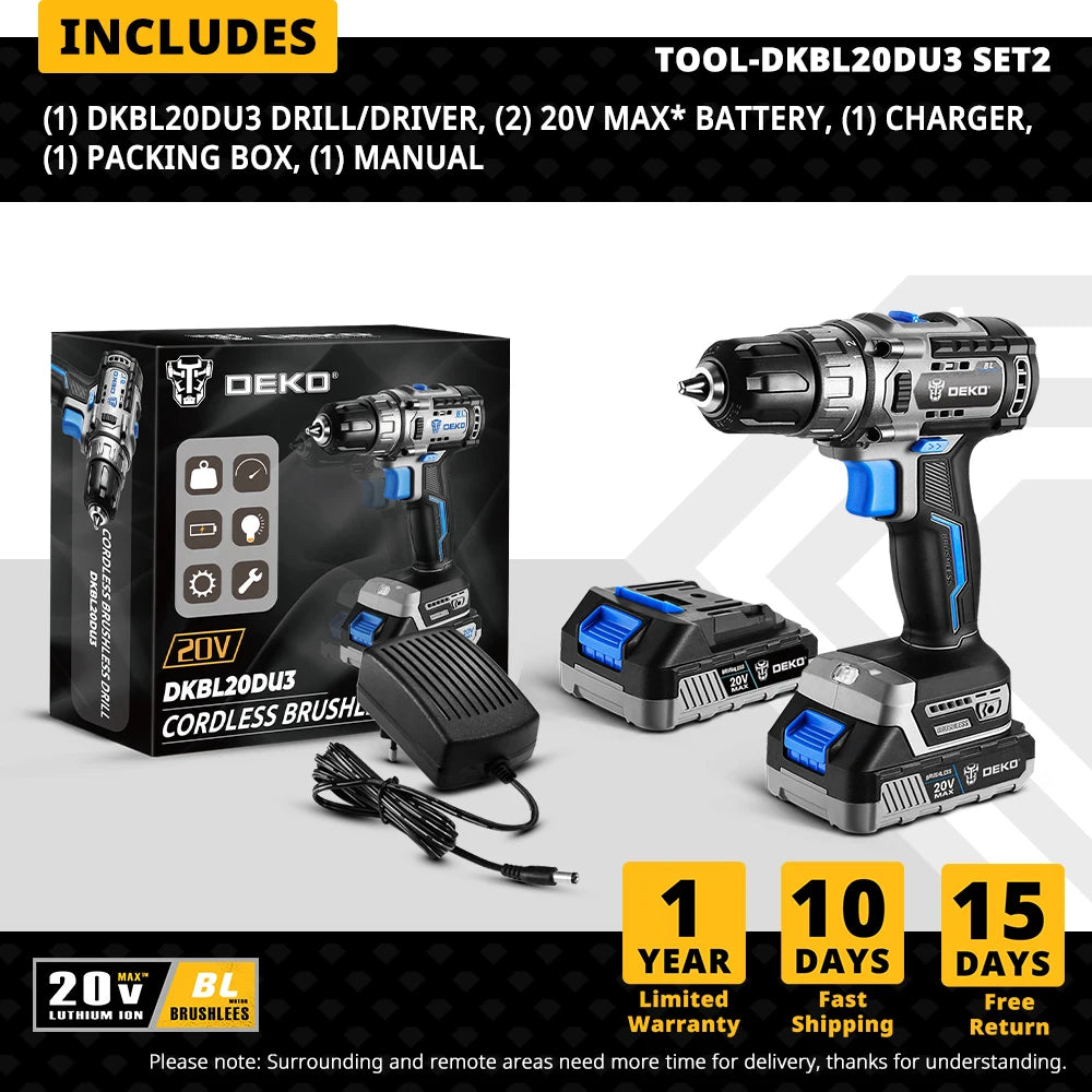 DEKO Taladro Inalámbrico 20V con Motor Sin Escobillas – 2 Velocidades, Herramienta Eléctrica para Carpintería y Uso Doméstico