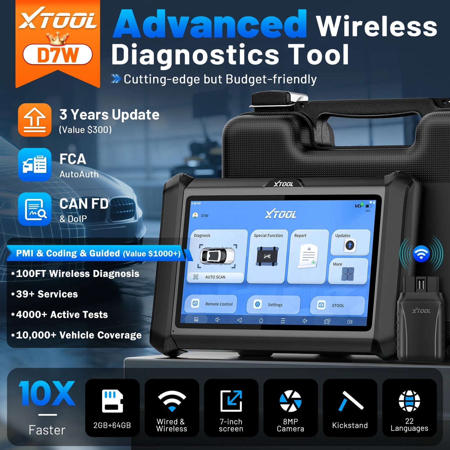 XTOOL D7W D7 BT Herramienta de diagnóstico Bluetooth Todos los sistemas Escáner automotriz para automóvil Codificación